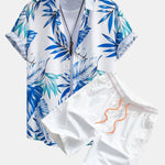 Tropical Leaves Print Button Up Shirt & Man Mid Length Drawstring Swim Shorts