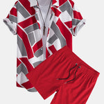 Color Block Geometry Print Button Up Shirt & Swim Shorts