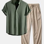 Short Sleeve V Neck Linen Rayon Blend Shirt & Wrinkle Textured Straight Leg Pants