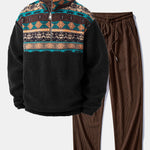 Relax Fit Quarter Zip Ethnic Geometric Patchwork Teddy Sweatshirt & Straight Leg Corduroy Pants
