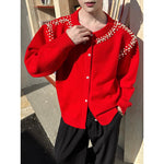 Red Retro Beaded Knit Cardigan
