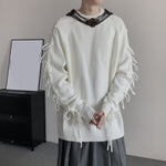 Solid Color Fringed Crew Neck Knitted Sweater