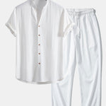 Short Sleeve V Neck Linen Rayon Blend Shirt & Wrinkle Textured Straight Leg Pants