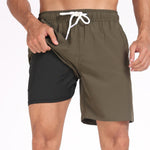 2 In 1 Solid Color Drawstring Swim Shorts