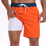 2 In 1 Solid Color Drawstring Swim Shorts With Pocket