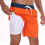 2 In 1 Solid Color Drawstring Swim Shorts With Pocket