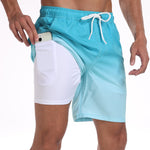 2 In 1 Drawstring Beach Swim Shorts With Pocket
