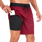 2 In 1 Solid Color Drawstring Swim Shorts With Pocket