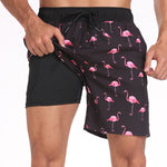 2 In 1 Flamingo Print Pocket Drawstring Swim Shorts