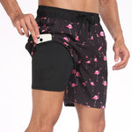 2 In 1 Flamingo Print Pocket Drawstring Swim Shorts