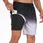 2 In 1 Drawstring Beach Swim Shorts With Pocket
