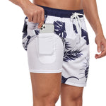 2 In 1 Tropical Leaves Print Swim Shorts