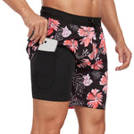 2 In 1 Tropical Flower Print Pocket Drawstring Swim Shorts