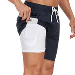 2 In 1 Solid Color Drawstring Swim Shorts