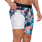 2 In 1 Tropical Leaves Print Pocket Drawstring Swim Shorts