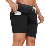 2 In 1 Solid Color Drawstring Swim Shorts With Pocket