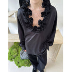 French V-neck Floral-Shaped Collar Vintage Satin Shirt