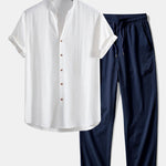 Short Sleeve V Neck Linen Rayon Blend Shirt & Wrinkle Textured Straight Leg Pants