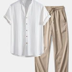 Short Sleeve V Neck Linen Rayon Blend Shirt & Wrinkle Textured Straight Leg Pants