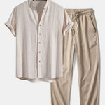 Short Sleeve V Neck Linen Rayon Blend Shirt & Wrinkle Textured Straight Leg Pants