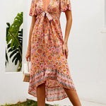 Zeagoo Women's Bohemian Floral Tie Front V Neck Midi Dresses
