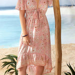Zeagoo Women's Bohemian Floral Tie Front V Neck Midi Dresses