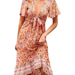 Zeagoo Women's Bohemian Floral Tie Front V Neck Midi Dresses
