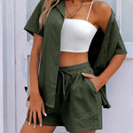 Zeagoo Womens 2 Piece Outfits Cotton Linen Shirt and Drawstring Short Set Vacation Set Casual Tracksuits (US Only)