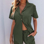 Zeagoo Womens 2 Piece Outfits Cotton Linen Shirt and Drawstring Short Set Vacation Set Casual Tracksuits (US Only)