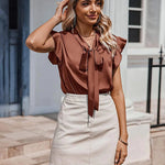 Zeagoo Satin Blouses for Women Sleeveless Bow Tops