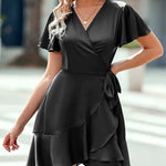 Zeagoo Women Stain Dress Wrap V Neck Short Sleeve Tie Waist Ruffle Mini Flowy Dresses (US Only)