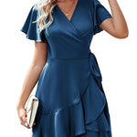 Zeagoo Women Stain Dress Wrap V Neck Short Sleeve Tie Waist Ruffle Mini Flowy Dresses (US Only)