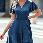 Zeagoo Women Stain Dress Wrap V Neck Short Sleeve Tie Waist Ruffle Mini Flowy Dresses (US Only)