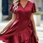 Zeagoo Women Stain Dress Wrap V Neck Short Sleeve Tie Waist Ruffle Mini Flowy Dresses (US Only)