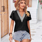 Zeagoo Short Sleeve Tops for Women Casual V Neck Lace T-Shirts Petal Sleeve Shirt Eyelet Pleated Loose Blouses (Us Only)