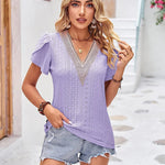Zeagoo Short Sleeve Tops for Women Casual V Neck Lace T-Shirts Petal Sleeve Shirt Eyelet Pleated Loose Blouses (Us Only)