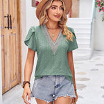 Zeagoo Short Sleeve Tops for Women Casual V Neck Lace T-Shirts Petal Sleeve Shirt Eyelet Pleated Loose Blouses (Us Only)