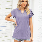 Zeagoo Short Sleeve Tops for Women Casual V Neck T-Shirts Petal Sleeve Shirt Eyelet Pleated Loose Blouses (Us Only)