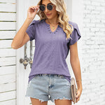 Zeagoo Short Sleeve Tops for Women Casual V Neck T-Shirts Petal Sleeve Shirt Eyelet Pleated Loose Blouses (Us Only)