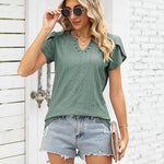 Zeagoo Short Sleeve Tops for Women Casual V Neck T-Shirts Petal Sleeve Shirt Eyelet Pleated Loose Blouses (Us Only)