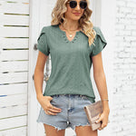 Zeagoo Short Sleeve Tops for Women Casual V Neck T-Shirts Petal Sleeve Shirt Eyelet Pleated Loose Blouses (Us Only)