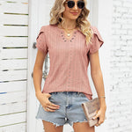 Zeagoo Short Sleeve Tops for Women Casual V Neck T-Shirts Petal Sleeve Shirt Eyelet Pleated Loose Blouses (Us Only)