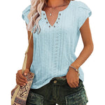 Zeagoo Short Sleeve Tops for Women Casual V Neck T-Shirts Petal Sleeve Shirt Eyelet Pleated Loose Blouses (Us Only)