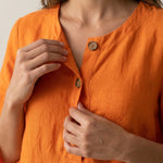 Vanesa - Vestido con Textura de Lino con Manga Abullonada y Botones