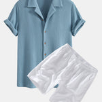 Waffle Button Up Shirt & Linen Cotton Blend Drawstring Shorts