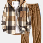 Relax Fit Flannel Plaid Corduroy Patchwork Hooded Shirt & Straight Leg Corduroy Pants