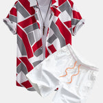 Color Block Geometry Print Button Up Shirt & Man Mid Length Drawstring Swim Shorts