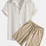 Geometric Jacquard Eyelet Cuban Shirt & Crinkled Textured Drawstring Shorts