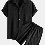 Geometric Jacquard Eyelet Cuban Shirt & Crinkled Textured Drawstring Shorts