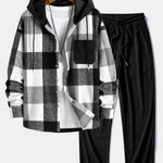 Relax Fit Flannel Plaid Corduroy Patchwork Hooded Shirt & Straight Leg Corduroy Pants